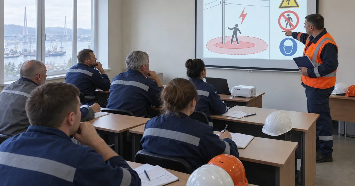Преподаватель проводит занятие по электробезопасности в учебном классе