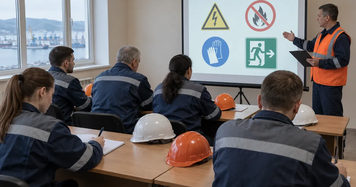 Преподаватель в сигнальном жилете проводит занятие в учебном классе по электробезопасности