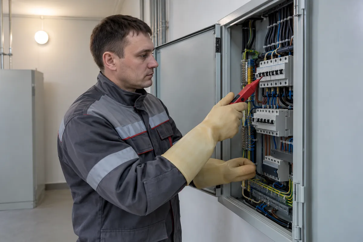 Работник с индикатором напряжения проверяет распределительный шкаф электроустановки до 1000 В