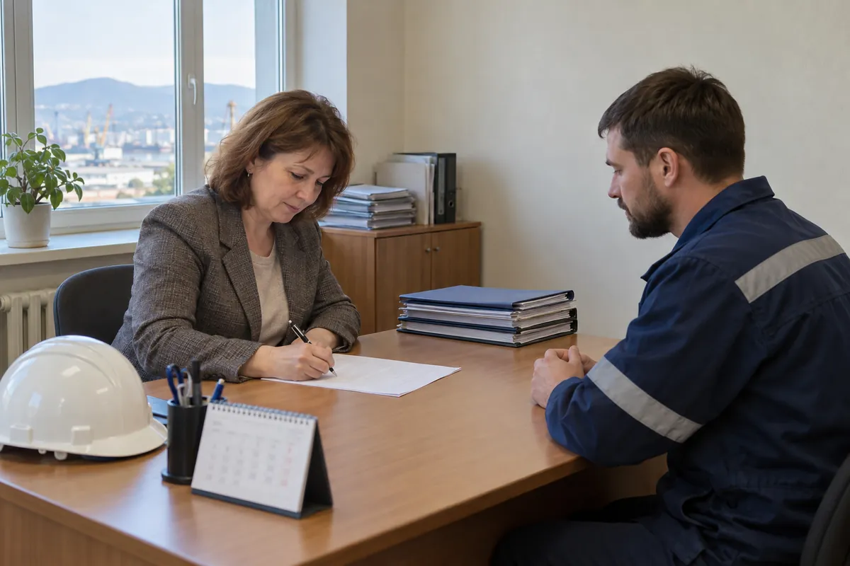 Схема-временная линия: от приёма на работу через первичное обучение к плановой проверке знаний через три года, со значками сотрудника, протокола и календаря
