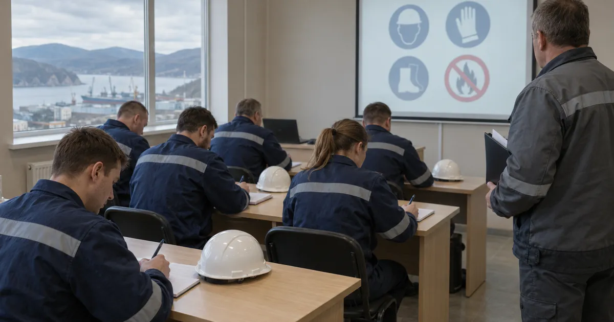 Преподаватель и слушатели в учебном классе готовятся к проверке знаний